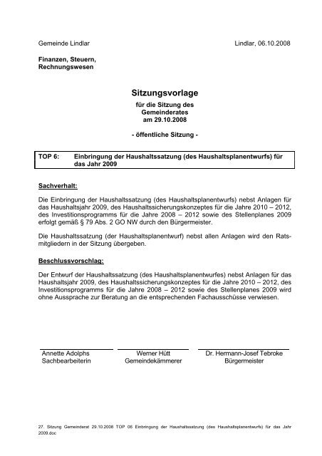 Sitzungsvorlage - Gemeinde Lindlar