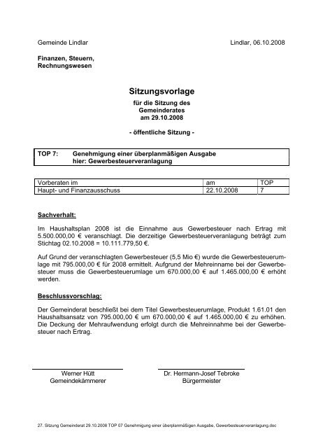 Sitzungsvorlage - Gemeinde Lindlar