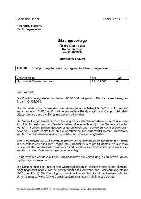 Sitzungsvorlage - Gemeinde Lindlar