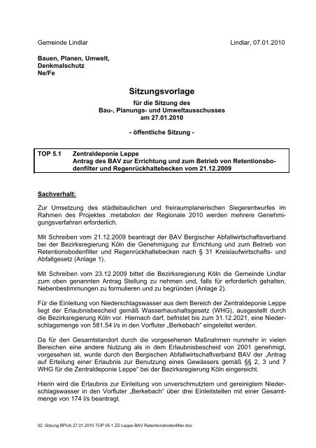 Sitzungsvorlage - Gemeinde Lindlar