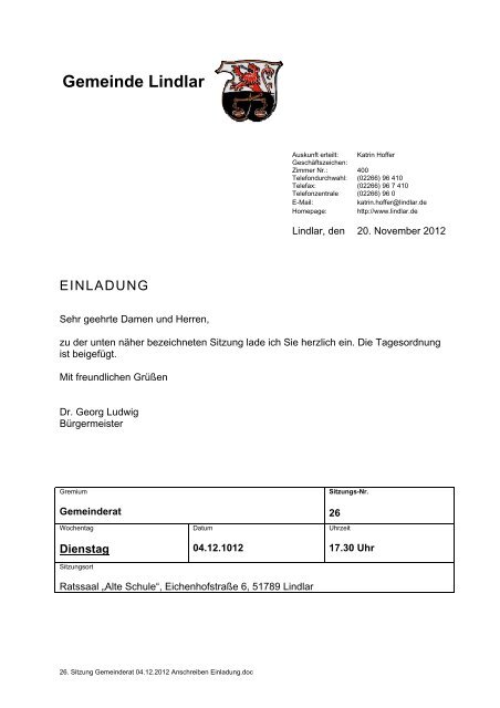 2012.12.04 26. Sitzung Gemeinderat - Einladung - Gemeinde Lindlar