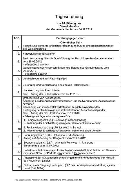 2012.12.04 26. Sitzung Gemeinderat - Einladung - Gemeinde Lindlar