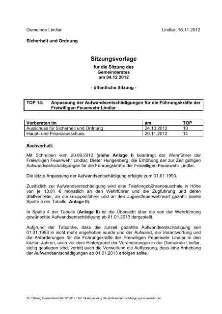 2012.12.04 26. Sitzung Gemeinderat - Einladung - Gemeinde Lindlar