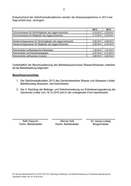 2012.12.04 26. Sitzung Gemeinderat - Einladung - Gemeinde Lindlar