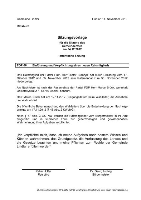 2012.12.04 26. Sitzung Gemeinderat - Einladung - Gemeinde Lindlar