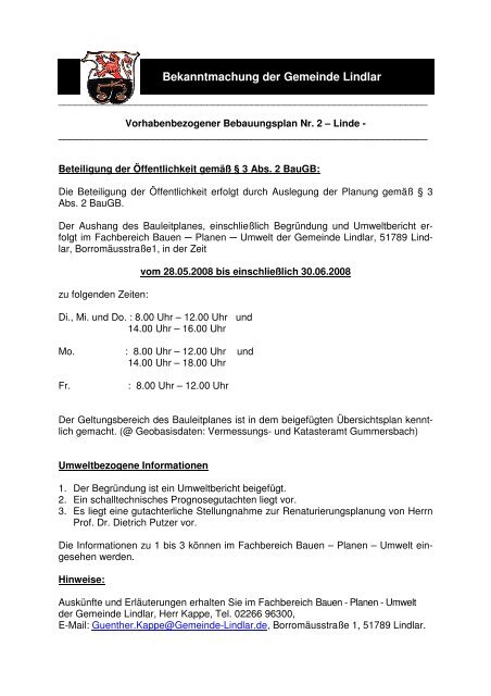 Bekanntmachung vom 06.05.2008 zum BP Nr. 2 ... - Gemeinde Lindlar