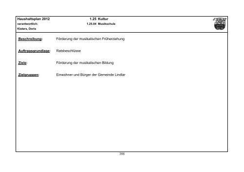 Haushaltsplan 2012 - Gemeinde Lindlar