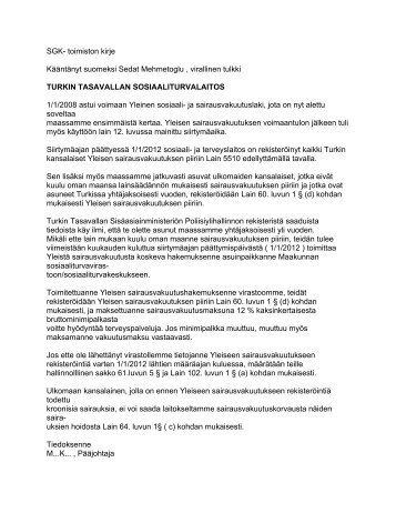 SGK- toimiston kirje Kääntänyt suomeksi Sedat Mehmetoglu ...