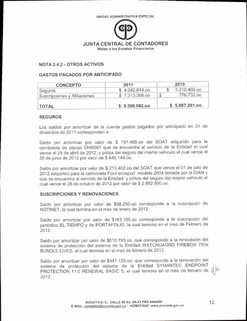 notas a los estados financieros 2011 - Junta Central de Contadores