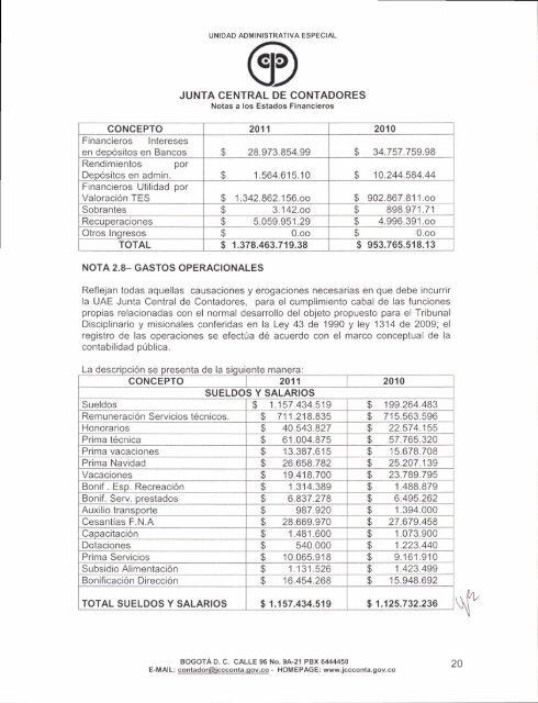 notas a los estados financieros 2011 - Junta Central de Contadores