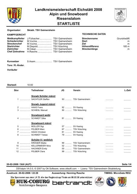 STARTLISTE Landkreismeisterschaft Eichstätt 2008 Alpin und ...