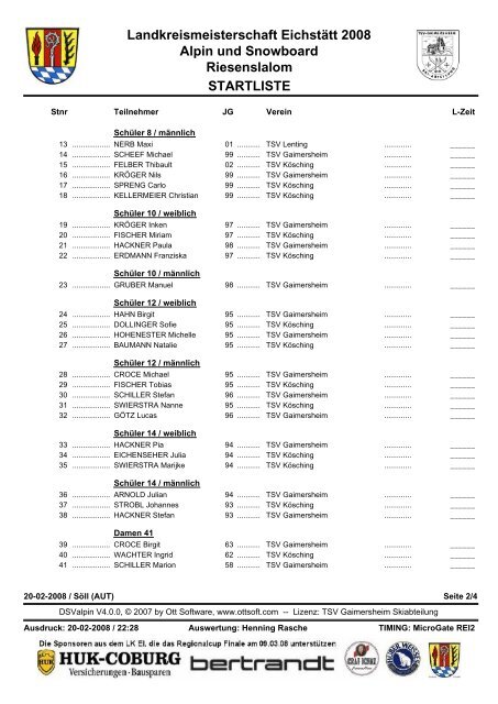 STARTLISTE Landkreismeisterschaft Eichstätt 2008 Alpin und ...