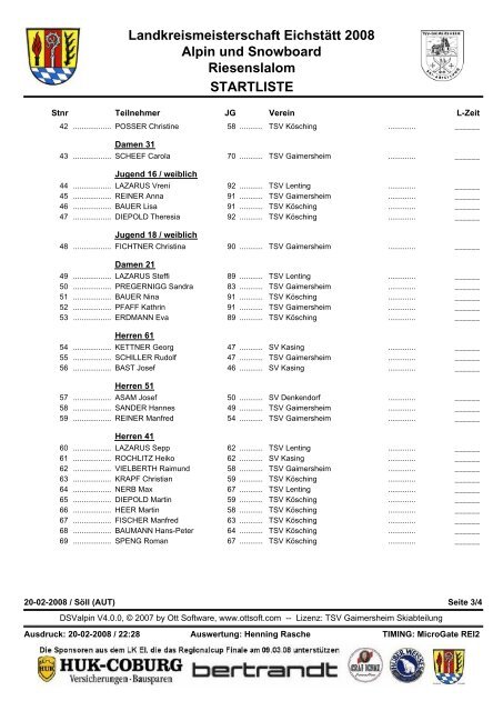 STARTLISTE Landkreismeisterschaft Eichstätt 2008 Alpin und ...