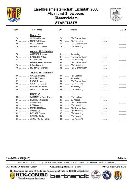 STARTLISTE Landkreismeisterschaft Eichstätt 2008 Alpin und ...