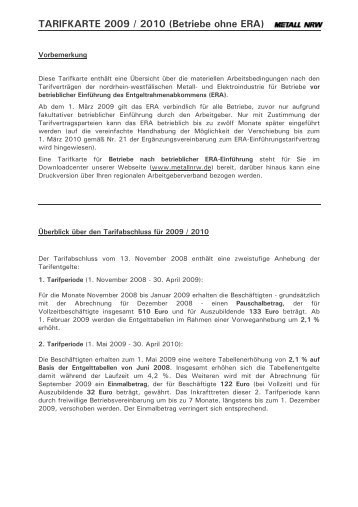 Tarifkarte Lohn - Gehalt METALL NRW 2009-2010