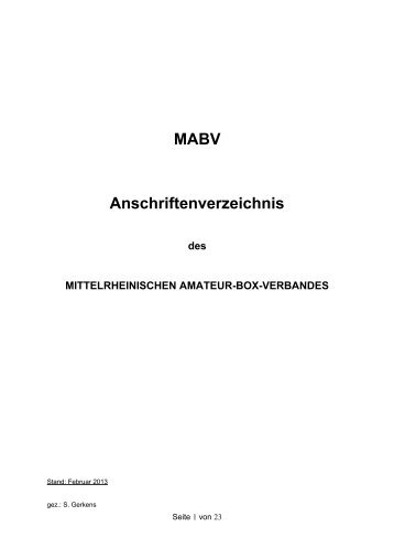 Anschriften der Vereine Stand Februar 2013 - MABV Boxen eV