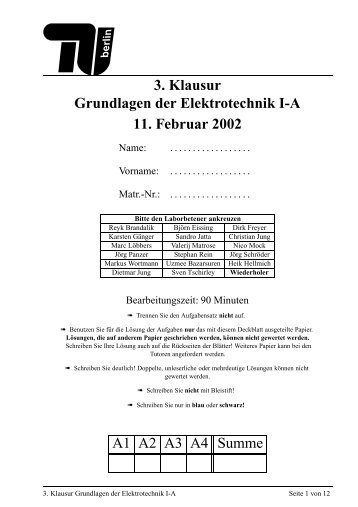 3. Klausur Grundlagen der Elektrotechnik I-A 11. Februar 2002 A1 ...