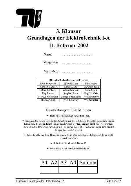 3. Klausur Grundlagen der Elektrotechnik I-A 11. Februar 2002 A1 ...