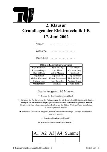 2. Klausur Grundlagen der Elektrotechnik I-B 17. Juni 2002 A1 A2 ...