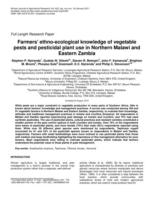 Farmers' ethno-ecological knowledge of vegetable pests and ...