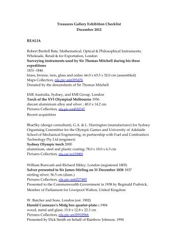Treasures Gallery Exhibition Checklist December 2012 REALIA ...