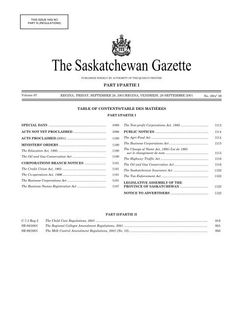 Sask Gazette, Part I, Sep 28, 2001 - Queen's Printer