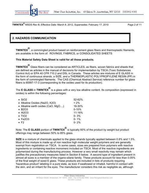 Twintex® MSDS - Fiber Glass Industries, Inc