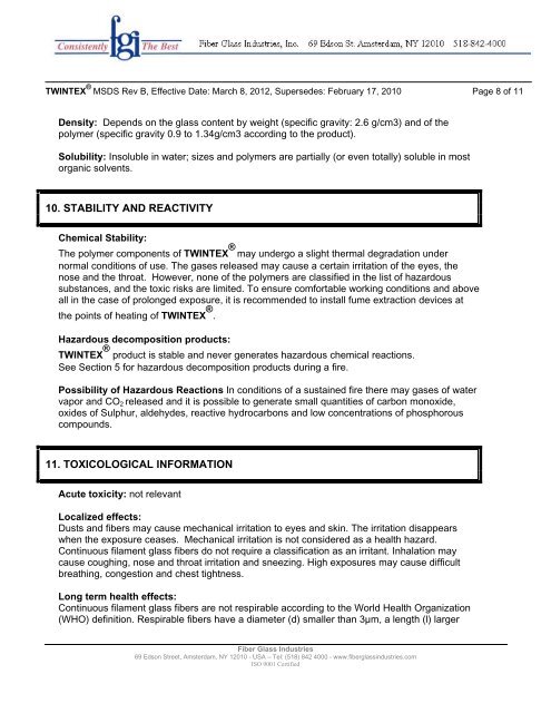 Twintex® MSDS - Fiber Glass Industries, Inc