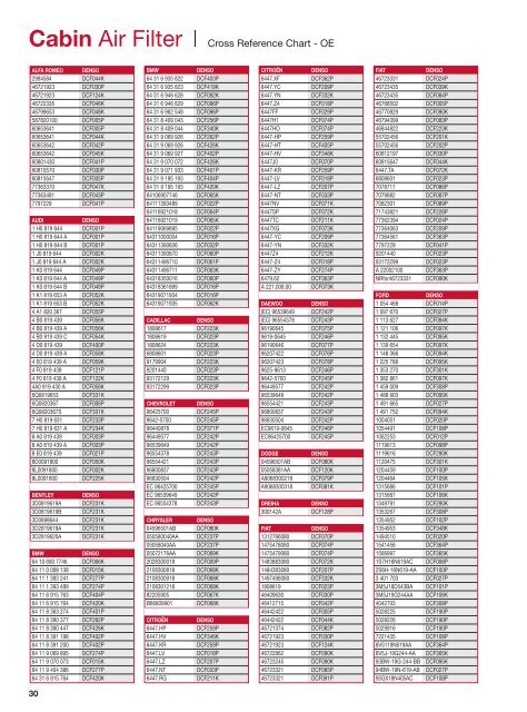 Air Filter Crossover Chart