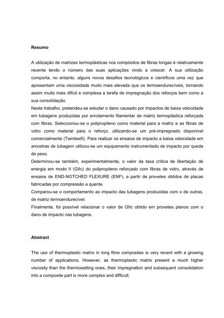 Resumo A utilização de matrizes termoplásticas nos compósitos de ...