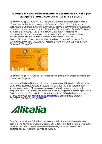 IoStudio e Alitalia per viaggiare a prezzi scontati in Italia e allestero