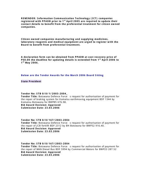 March 2006 Tender Awards Pdf