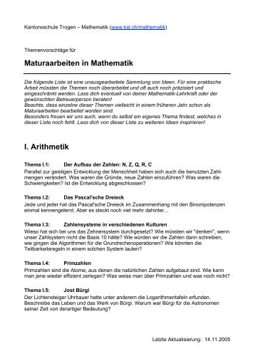 Maturaarbeiten in Mathematik I. Arithmetik - Kantonsschule Trogen