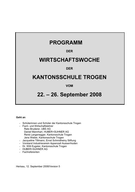 PROGRAMM WIRTSCHAFTSWOCHE KANTONSSCHULE ...