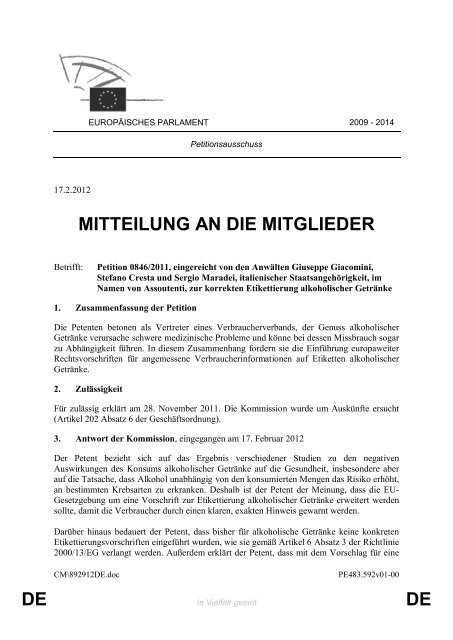 DE DE MITTEILUNG AN DIE MITGLIEDER