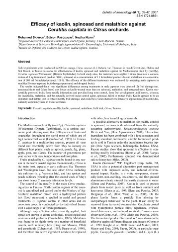 Efficacy of kaolin, spinosad and malathion against Ceratitis capitata ...