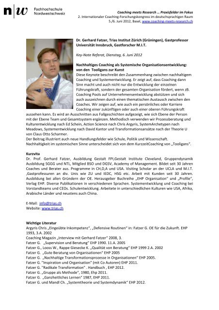 Dr. Gerhard Fatzer, Trias Institut Zürich (Grüningen), Gastprofessor
