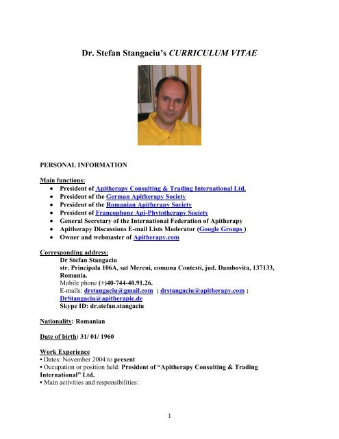 CV Dr. Stangaciu (last update November 01, 2012 - Apitherapy.com