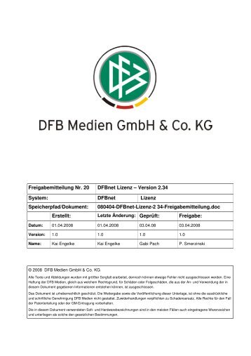 Freigabemitteilung Nr. 20 DFBnet Lizenz Version 2.34