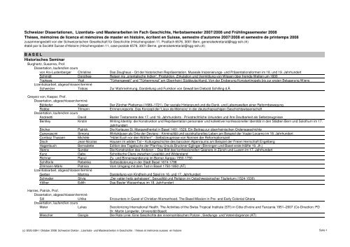 Schweizer Dissertationen, Lizentiats- und Masterarbeiten im Fach ...