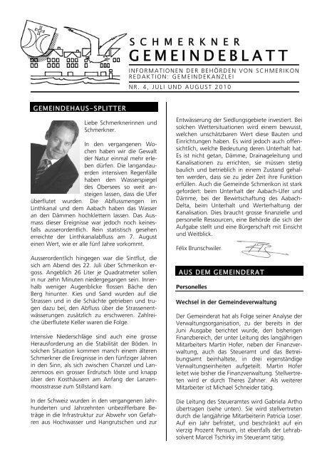 PDF: Gemeindeblatt: Juli/August 2010 - Gemeinde Schmerikon