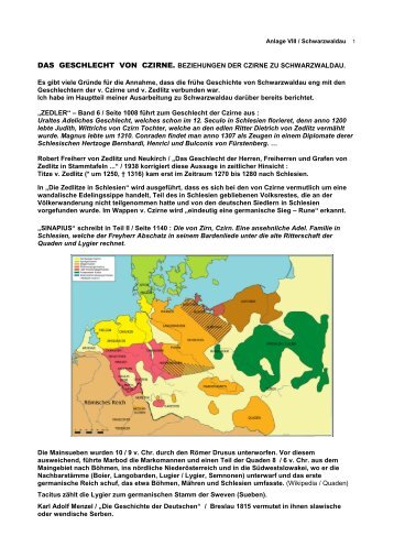 Anl. VIII / Schwarzwaldau : Das Geschlecht von Czirne und