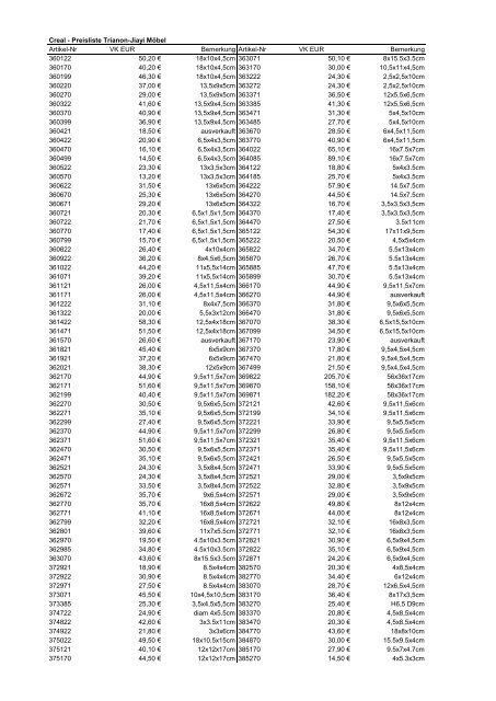 Creal - Preisliste Trianon-Jiayi Möbel Artikel-Nr VK ... - Sammlerliebe