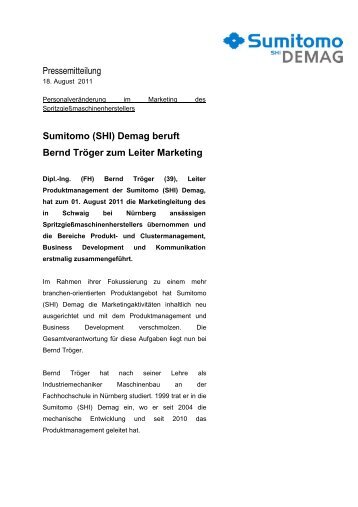 Demag beruft Bernd Tröger zum Leiter Marketing - Sumitomo (SHI)