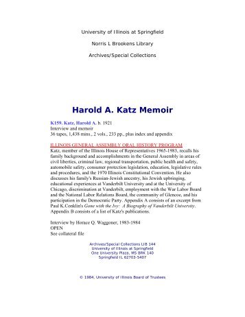 harold a. katz memoir volume 1 - University of Illinois Springfield