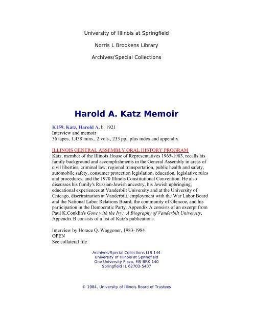 harold a. katz memoir volume 1 - University of Illinois Springfield