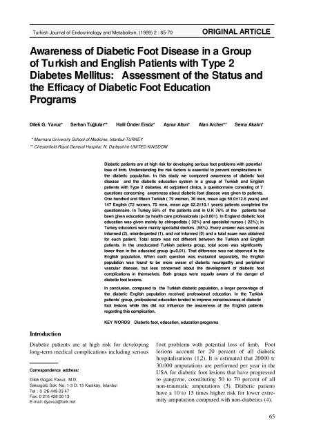 Awareness of Diabetic Foot Disease in a Group - Turkish Journal of ...