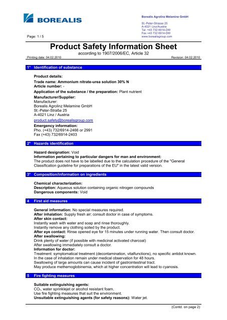 UAN 30 N Product Safety Information Sheet EN - Linzer Agro Trade