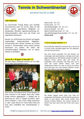 Info-Brief vom 03.11.2008 - Tennis in Schwentinental