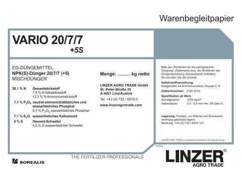 Warenbegleitpapier VARIO 20 7 7 5S - Linzer Agro Trade